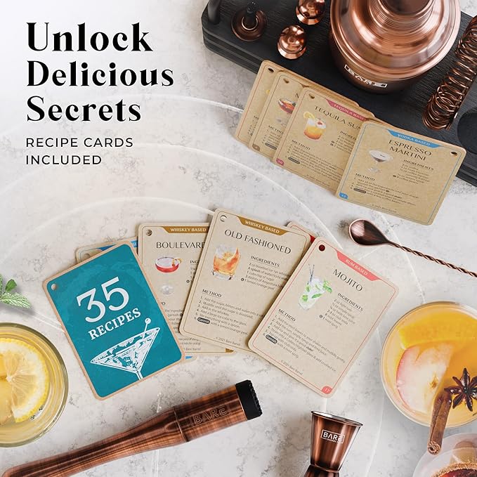 BARE BARREL® Mixology Bartender Kit Bar Set | 14-Piece Cocktail Shaker Set | Martini Barware Mixing Tools for Home Bartending | 35 Recipe Cards | Gift Set (24oz Cobbler Shaker, Copper/Black)