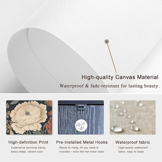 arfitest Vintage Floral Wall Art Dark Plant Canvas Wall Decoration Farmhouse Print Black Peony Painting Wall Decoration Moody Artwork For Living Room Bedroom 16x24 Inch Frame Three-Piece Set