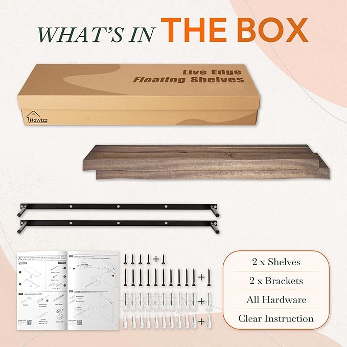 24" Acacia Live Edge Floating Shelves Set of 2 - Wall Mounted Wooden Shelf for Stylish Home Décor - Dark Walnut Color 24x7.5x1.5 Inches