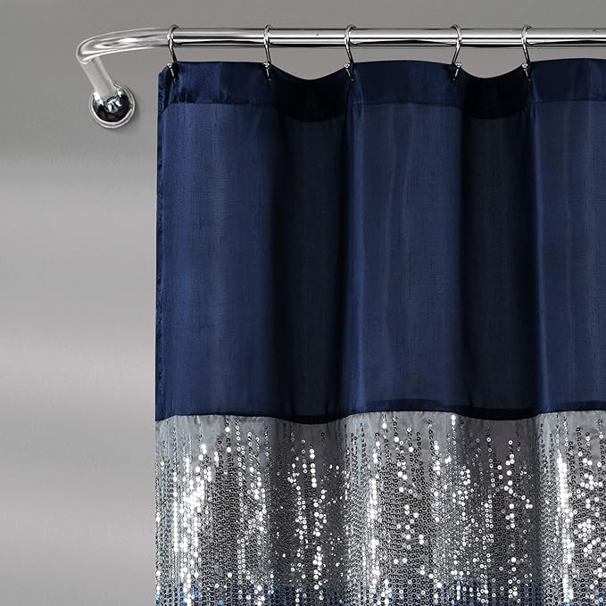 Lush Decor Night Sky Shower Curtain, Single, 72" W x 84" L, Navy & White - Sequin Shower Curtain - Sparkly Color Block Bath Curtain - Modern Glam Bathroom Decor - Extra Long Shower Curtain