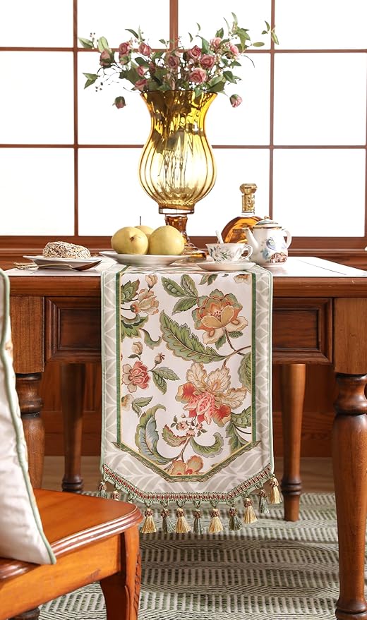 patdrea Designer Elegant French Floral Velvet Table Runner, Fresh Green with Orange Blossoms Pattern Table Mat, Decoration for Kitchen Dining Coffee Table Cabinet Banquet Thanksgiving,12"*87"