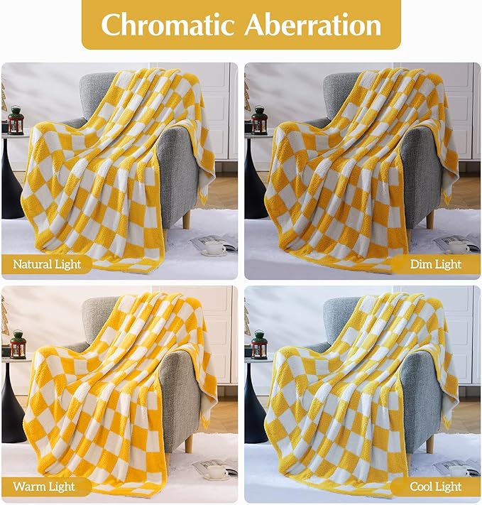 WRENSONGE Checkered Throw Blanket, Yellow Soft Cozy Fluffy Warm Hand Made Throw Blankets for Couch, Sofa, Chair, Bed, Camping, Picnic, Travel Lightweight Bed Blanket - 60"*80"