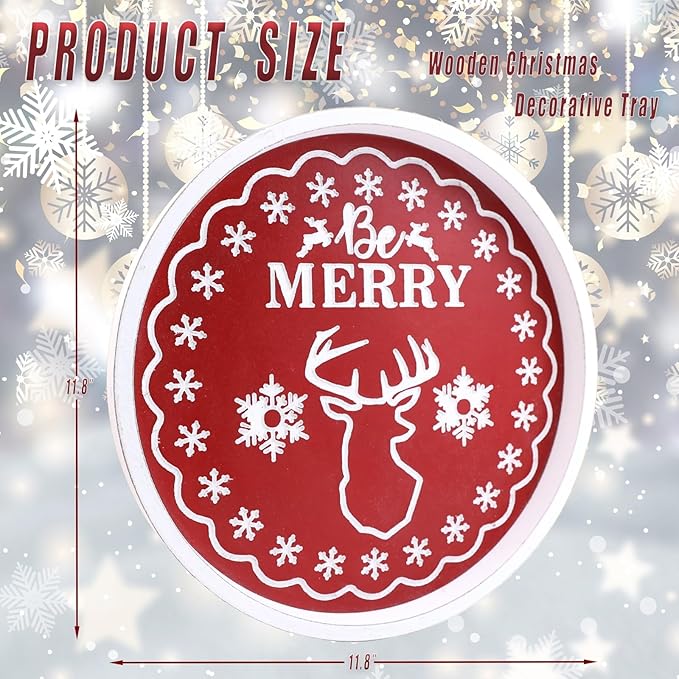 Christmas Reindeer Wood Decorative Ottoman Tray for Coffee Table Kitchen Counter, Living Room, Round Handcrafted Red Wooden Serving Tray for Table Centerpiece