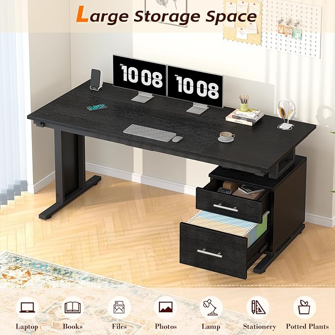 63 Inch Executive Computer Desk with Drawers, Large Office Desk with Storage, Industrial Writing Desk with File Drawer for Home Office, Black