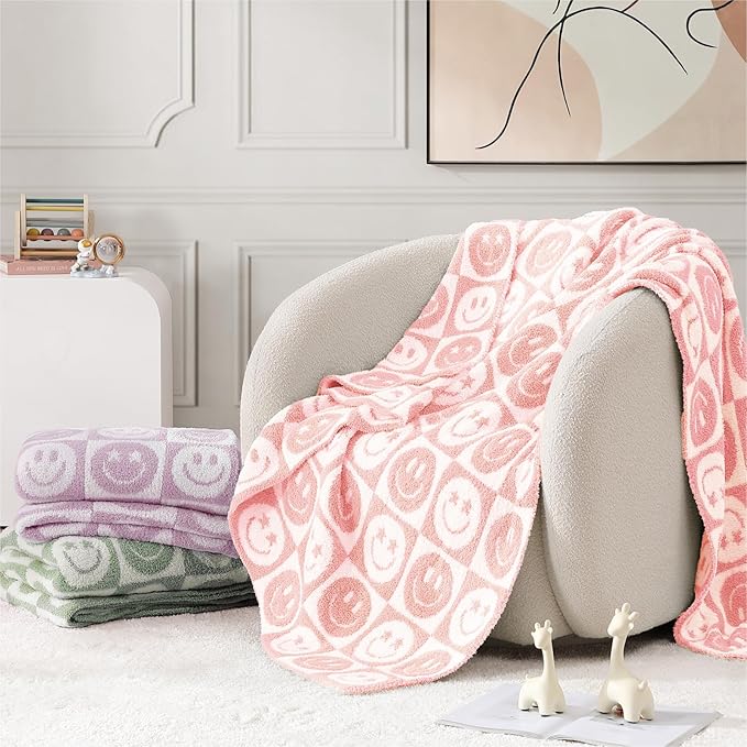 WRENSONGE Checkered Throw Blanket Blossom Smiling Face Soft Cozy Fluffy Warm Hand Made Weave Throw Blankets for Couch, Sofa, Chair, Bed, Camping, Picnic, Travel Lightweight Bed Blanket - 60"*80"