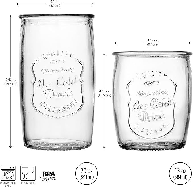 Glaver's Ice Cold Set of 8 Drinking Glasses 4-20 Oz Highball Glasses, and 4-13 Oz Whiskey Glass Cups For Everyday Home Use Water glasses, Beer, Juice, Cocktail.