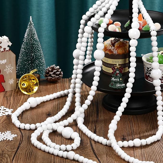 12 Feet Christmas Wooden Beads Garland Round Craft Farmhouse Vintage Wood Bead Garlands for Xmas Decoration Supplies(White)