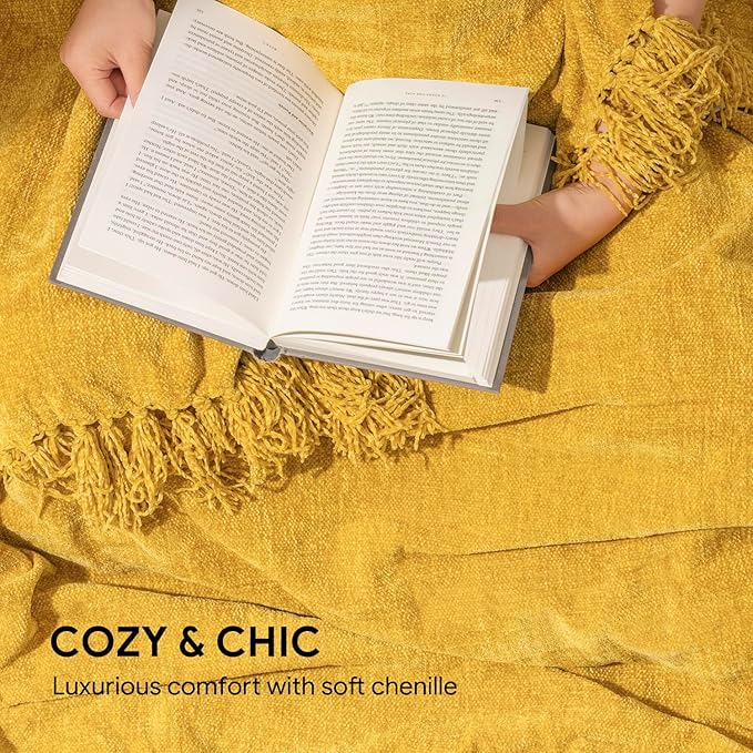 RECYCO Throw Blanket Soft Cozy Chenille Throw Blanket with Fringe Tassel for Couch Sofa Chair Bed Living Room Gift (Mustard Yellow, 60'' x 80'')