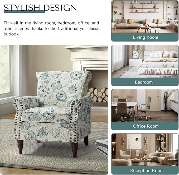 HULALA HOME Modern Wingback Accent Chair with Wood Legs & Removable Cushion, Comfy Upholstered Armchair with Nailhead Trim, Floral Pattern Single Sofa Chair for Living Room Bedroom, Medallion