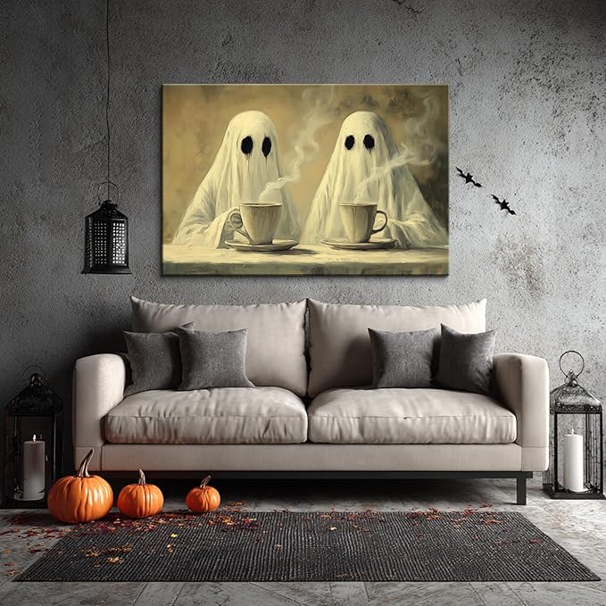 BANHUA1 Vintage Halloween Canvas Wall Art, Two Ghosts Drinking Coffee Picture Print, Dark Academia Wall Decor for Home, Living Room, Bedroom, 32 x 24 Inch
