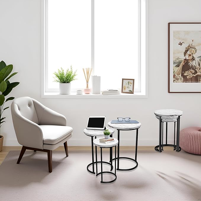 Lavish Home Nesting Tables – Set of 6 Space-Saving Round Side Tables with Faux Marble Tops – Modern Apartment Furniture Accent & End Table Set for Living Room, Bedroom, or Home Office (White)