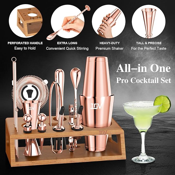 IOV Mixology Bartender Kit Bar Set with Stand | 17-Piece Cocktail Shaker Set | 28oz Boston Shaker Drink Mixer Set with All Essential Accessory Tools | Fun Housewarming Gift (Rose Gold)