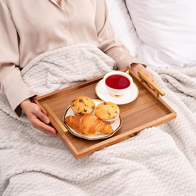 Decorative Ottoman Serving Tray Wooden Rustic (Set of 2), Acacia Brown | Black Sleek Metal Handles | 4 Matching Coasters | Coffee Table Decor | Serving Kitchen Platter (Acacia Brown)