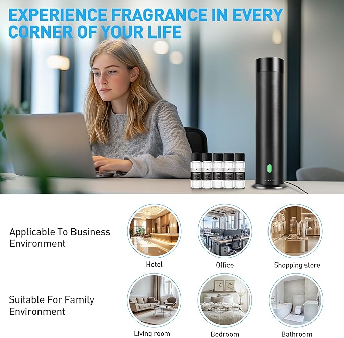 Waterless Scent Diffuser Starter Kit - 800 Sq Ft Coverage, Hotel Scent Diffuser, Essential Oil Diffuser Large Room, Included 5 Scent Oils, Remote Control, Black, 11.20In