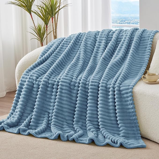 BEDELITE Fleece Throw Blanket for Couch - 300GSM Soft & Warm Fluffy Light Blue Blanket, Decorative and Giftable Striped Blankets for Women, Men, 50"x60"