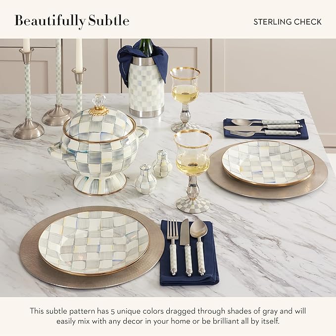 MACKENZIE-CHILDS Supper Club 3-Piece Place Setting, Fork, Spoon, and Knife Dinner Flatware Set, Gray-and-White Sterling Check