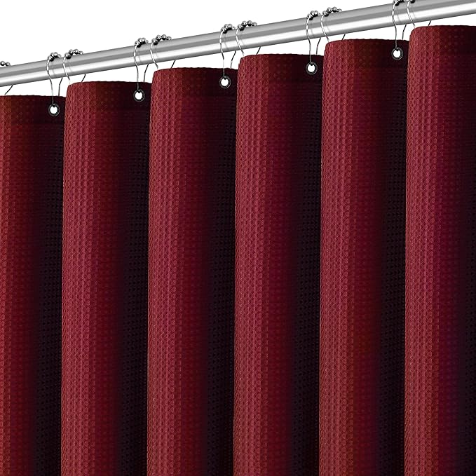 Long Burgundy Fabric Shower Curtain - Waffle Textured Tall Heavy Duty Cloth Shower Curtains for Bathroom, 256GSM Large Hotel Spa Luxury Bath Curtain Set with 12 Hooks(72Wx78H, Burgundy)