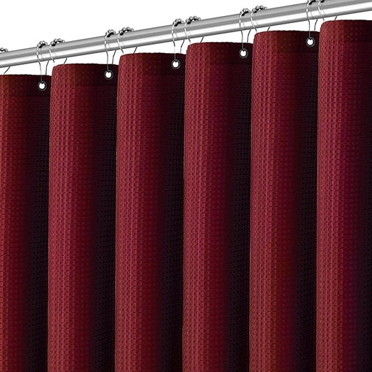 Elegant Burgundy Fabric Shower Curtain - Waffle Textured Heavy Duty Cloth Curtains for Bathroom, 256GSM Hotel Spa Luxury Weighted Polyester Bath Curtain Set with 12 Hooks 72Wx72H