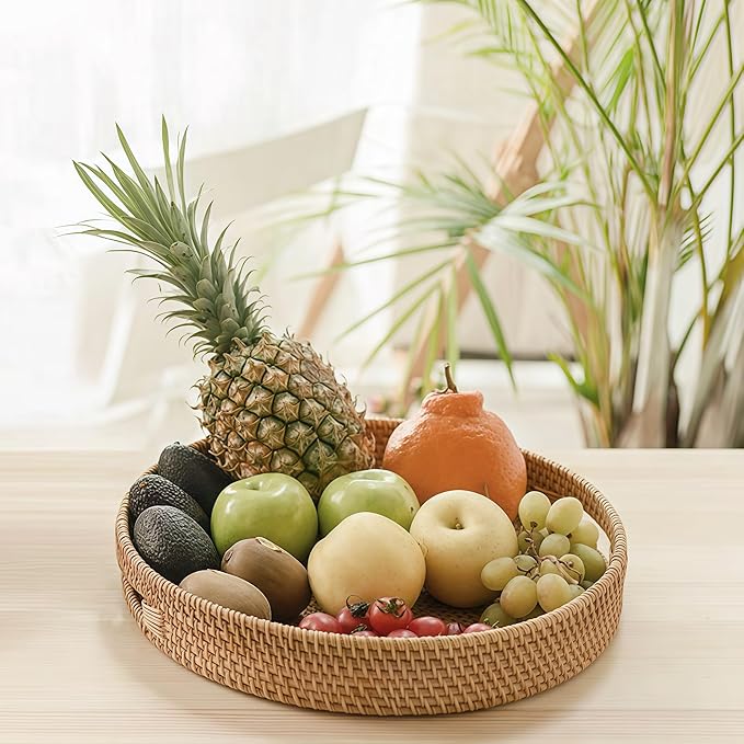 11.8" Round Rattan Tray, Hand Woven Serving Tray with Handles, Wicker Serving Basket, Decorative Tray for Home Decor, Natural