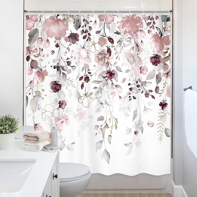 Floral Flower Shower Curtain 72Wx72L Inch Grey Pink Floral Blossom Leaves Girls Watercolor Eucalyptus Botanical Wildflower Plant Bathroom Set Rustic Bath Curtain Bathtub Accessories Home Decor