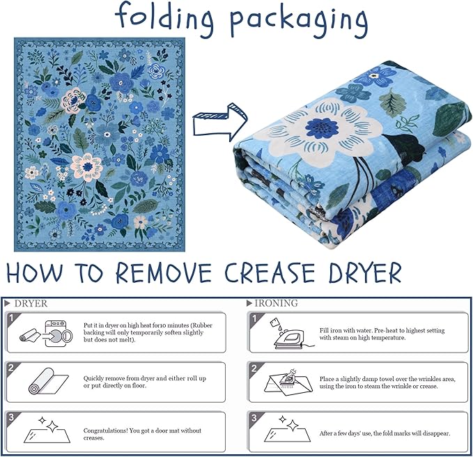 Rugcomf Bedroom Rug 3x5 Rug Washable Area Rug Non Slip Low Pile Boho Floral Small Carpet for Bedroom, Bedside, Kitchen, Entryway, Kids Room, Office, College Dorm Essentials for Girls(Blue)