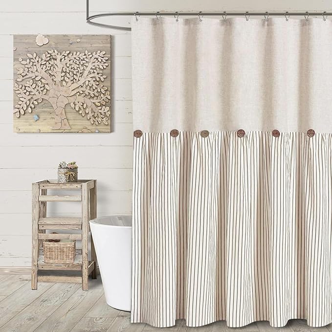 Awellife Farmhouse Beige Shower Curtain Button Linen Textured Woven Fabric,Pleated Beige Stripe,Country Style,72" W x 84" L