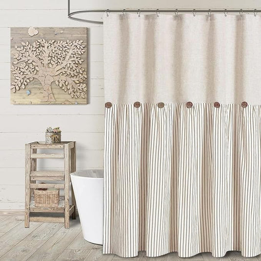 Awellife Farmhouse Beige Shower Curtain Button Linen Textured Woven Fabric,Pleated Beige Stripe,Country Style,72" W x 84" L