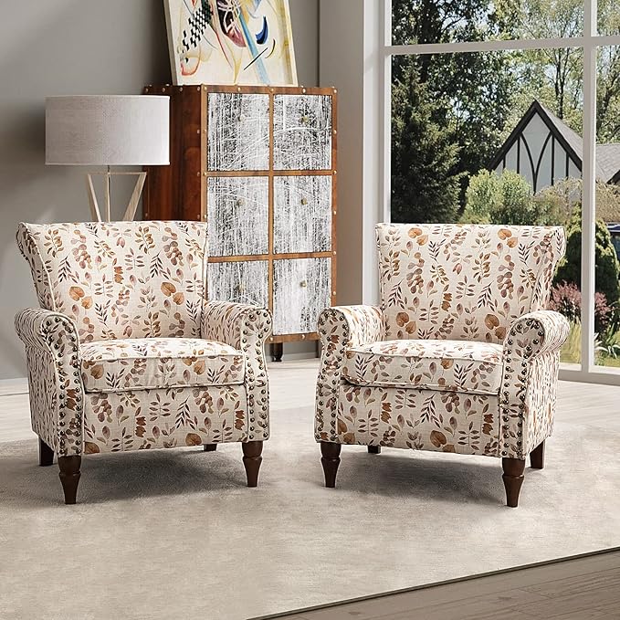 HULALA HOME Modern Wingback Accent Chairs Set of 2 with Wood Legs & Removable Cushion, Comfy Upholstered Armchairs with Nailhead Trim, Floral Pattern Single Sofa Chairs for Living Room Bedroom, Yellow