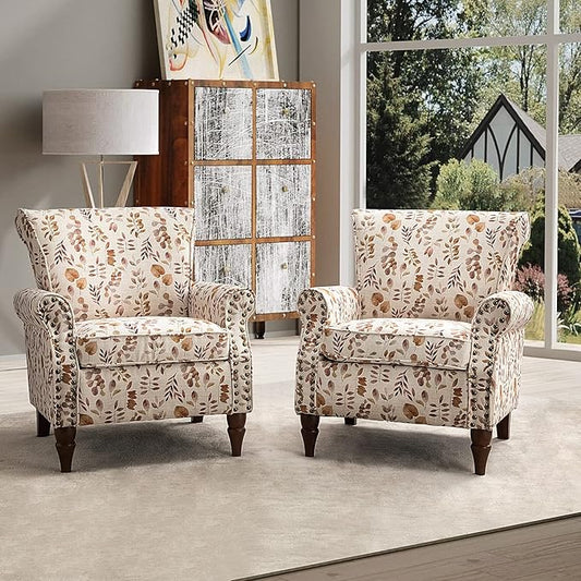 HULALA HOME Modern Wingback Accent Chairs Set of 2 with Wood Legs & Removable Cushion, Comfy Upholstered Armchairs with Nailhead Trim, Floral Pattern Single Sofa Chairs for Living Room Bedroom, Yellow