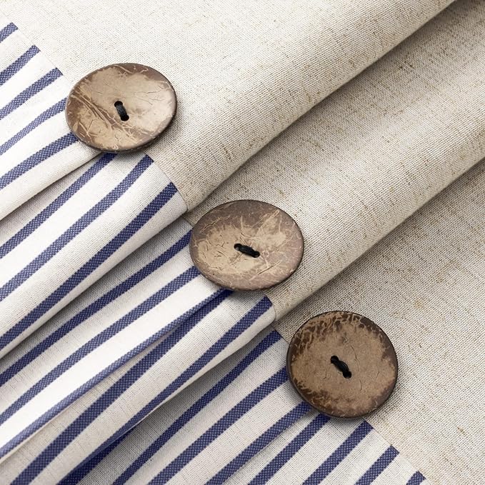 Awellife Farmhouse Blue Shower Curtain Button Linen Textured Woven Fabric,Pleated Blue Stripe,Country Style,72x72 Inch