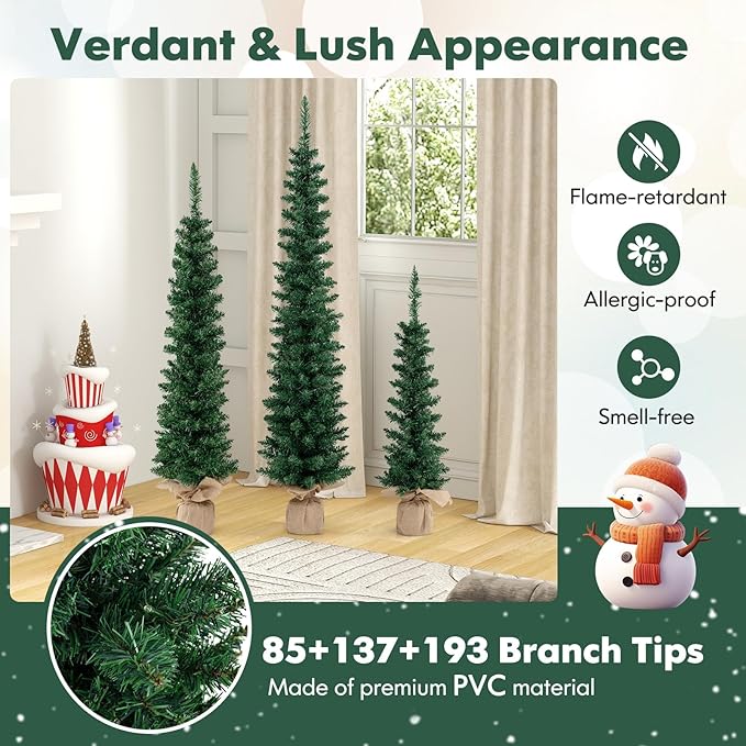 GOFLAME Set of 3 Pre-Lit Christmas Trees, Pencil Artificial Christmas Trees 3Ft, 4Ft and 5Ft with Warm White LED Lights, Burlap Base, Seasonal Holiday Decoration Tree for Home Party