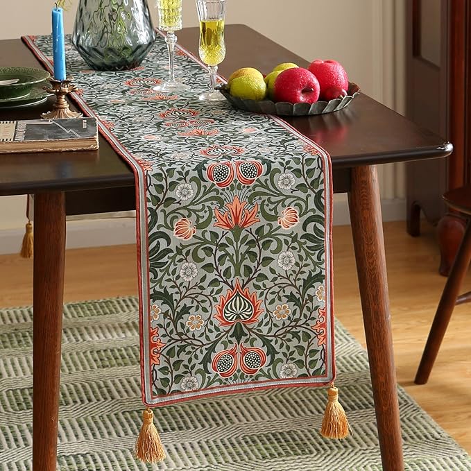 ISAENNE Designer French Green Elegant Linen Table Runner 71 Inches Long,Colorful Flower Pattern Soft Table Runners for Dining Tables,Thanksgiving,Kitchen Tables,Christmas,12"*71"-Naples B