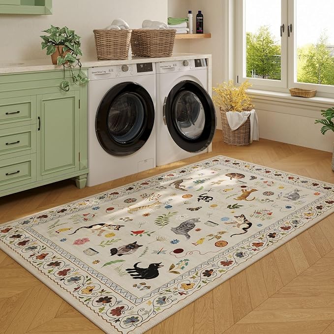 Rugcomf Bedroom Rug 3x5 Rug Washable Area Rug Non Slip Low Pile Boho Floral Animal Cat Small Carpet for Bedroom Bedside Kitchen Entryway Kids Room Office College Dorm Essentials for Girls, Beige