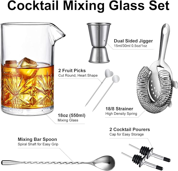 Cocktail Mixing Glass, veecom 18oz Crystal Mixing Glass Bartender Kit, 8 Piece Old Fashioned Cocktail Set with Strainer, Spoon, Jigger, Picks, Pourers, Bar Tools Cocktail Shaker Set (8 Pieces)