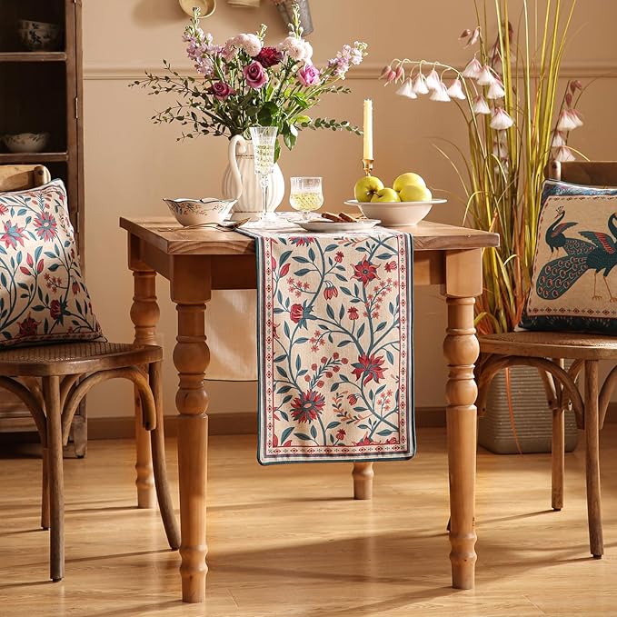 Farmhouse Berry Red Floral Small Table Runner for Table,Decorative Linen 63 Inches Long French Table Runners,Decor Tabletop for Kitchen,Dining,Party,Home,Christmas,12"*63"