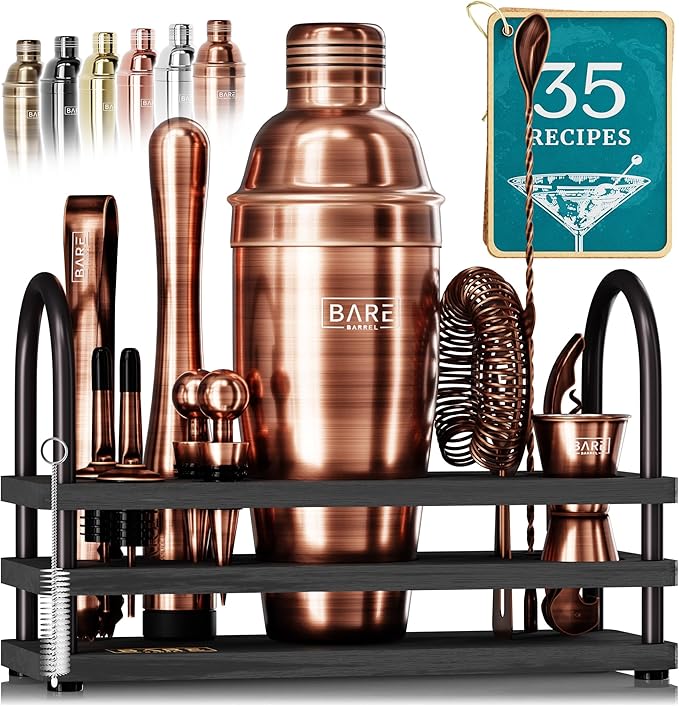 BARE BARREL® Mixology Bartender Kit Bar Set | 14-Piece Cocktail Shaker Set | Martini Barware Mixing Tools for Home Bartending | 35 Recipe Cards | Gift Set (24oz Cobbler Shaker, Copper/Black)