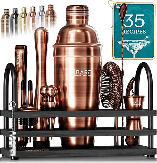 BARE BARREL® Mixology Bartender Kit Bar Set | 14-Piece Cocktail Shaker Set | Martini Barware Mixing Tools for Home Bartending | 35 Recipe Cards | Gift Set (24oz Cobbler Shaker, Copper/Black)