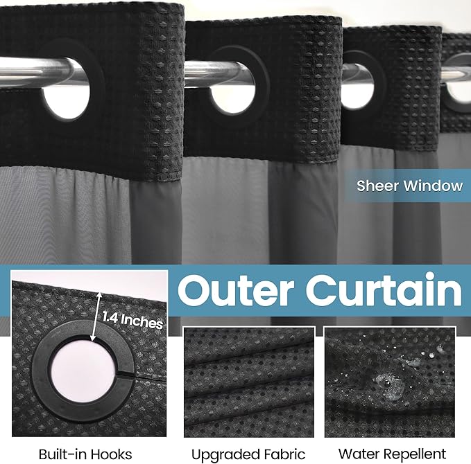 Long No Hook Shower Curtain with Snap in Liner,230GSM Waffle Weave Shower Curtains for Bathroom,71W x 77H(75"),Black