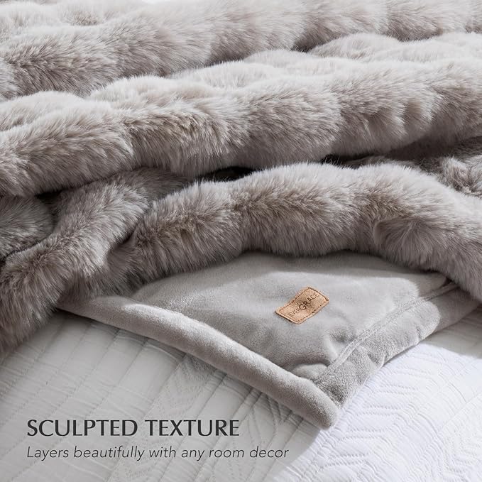 EverGrace Ultra Soft Luxury Fluffy Faux Rabbit Fur Throw Blanket, Thick Warm Bubble Throw for Bed, Cozy Plush Reversible Blankets for Couch, Chair, Sofa, Taupe, 80x90 Inches