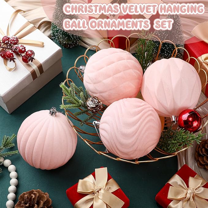 4 Pcs 4 Inch Large Velvet Christmas Ball Ornaments Vintage Christmas Plastic Ball Ornaments Flocked Tree Hanging Decoration for Xmas Party Wedding Home Decor(Pink)