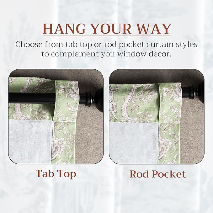 Maison d' Hermine Curtains for Living Room 100% Cotton 124 inch Length Two Panels Light Filtering Toile Curtains for Bedroom Windows with Rod and Loop Pockets Drapes (Joli Jouy Green, 50" W x 124" L)