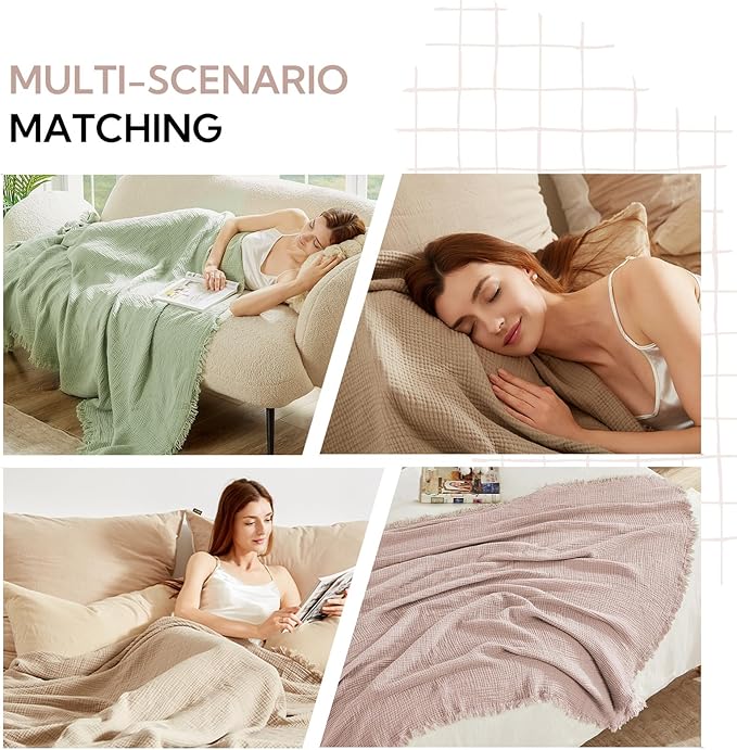 SOULFUL Muslin Throw Blanket with Tassels - Soft Full Size Cotton Throw Blanket for Couch or Bed, Lightweight and Breathable Gauze for All Seasons, LightChampagne, 66" x 90"