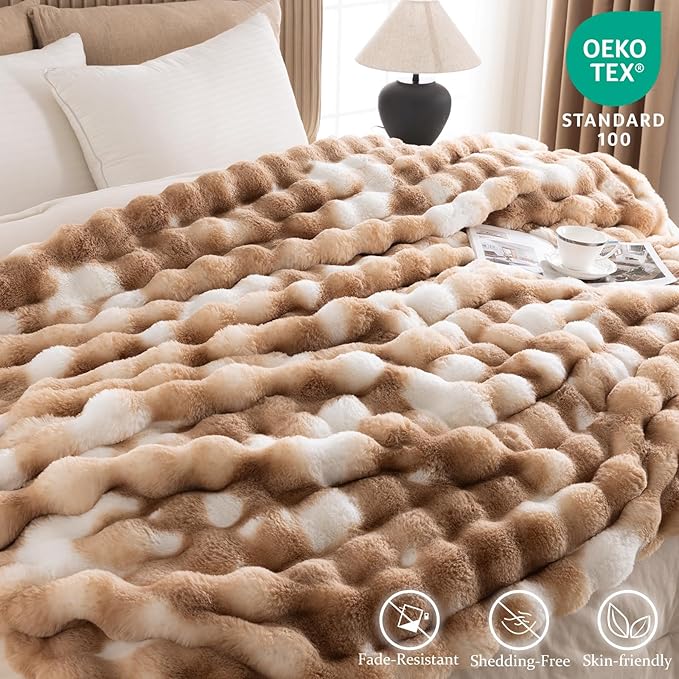 Cozy Faux Fur Throw Blanket for Bed Warm Fuzzy Throw Blanket, Soft Plush Thick Bubble Blankets for Bedroom and Living Room, Furry Luxury Blanket, 60 x 80, Tie-Dye Brown