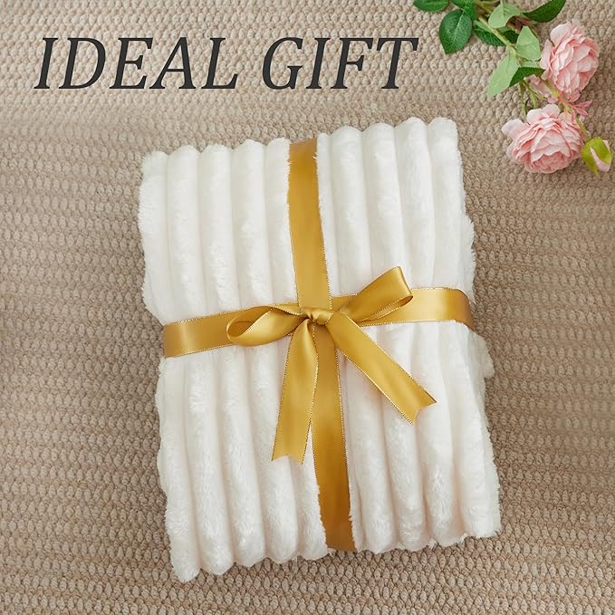 BEDELITE Twin Blanket for Couch & Bed, 300GSM Soft & Warm Fleece Blanket, Decorative and Giftable Striped Cream White Blankets for Women, Men, 60"x80"