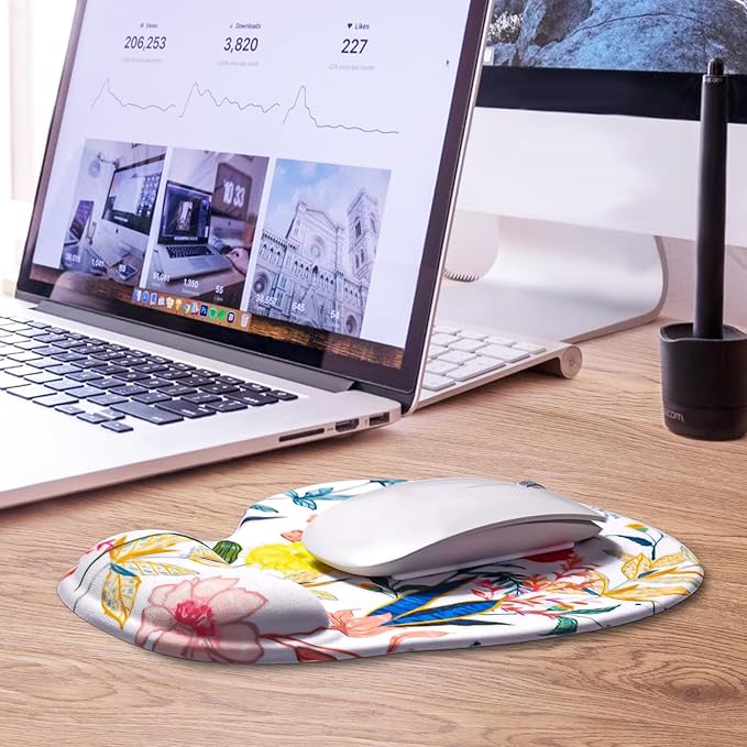 JIKIOU Mouse Pad, 2 Pack Ergonomic Mouse Pads with Comfortable Gel Wrist Rest Support and Smooth Cloth, Non-Slip PU Base for Easy Typing Pain Relief Durable and Easy to Clean Small White Flowers