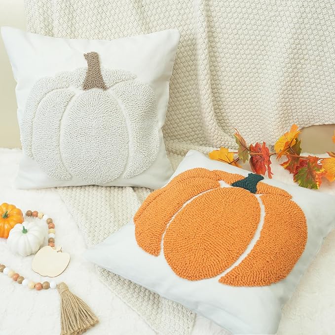 GEEORY Fall Pillow Covers 20x20 inch, Embroidered Pumpkins Throw Pillows Farmhouse Thanksgiving Decor Cushion Case for Sofa & Bed Home Decorations (Orange) GX002-1-20