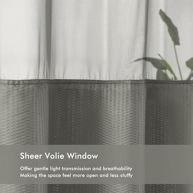 Mrs Awesome No Hook Shower Curtain with Snap-in LinerLess Time On/Off, Embossed Waffle-Look Textured Fabric Shower Curtain for Bathroom, Soft & Lightweight, 71x74, Gray