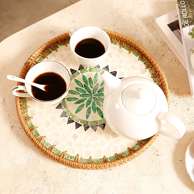 Round Rattan Tray with Mother of Pearl Inlay & Wooden Base - Decorative Wicker Serving Tray for Coffee/Bread/Fruits, Food Storage & Display - Multipurpose Home Decor (L,Bohemia)