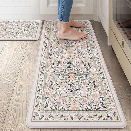 Collive Anti Fatigue Kitchen Floor Mat, Cushioned Waterproof Sink Mats Non Slip Floral Kitchen Rugs Sets of 2, Comfort Modern Standing Rug for Office, Laundry, Desk, 17"x30"+17"x47", Grey