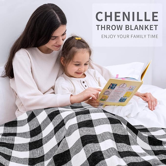 RECYCO Buffalo Paid Chenille Throw Blanket for Couch, Soft Cozy Decorative Buffalo Check Blanket Throw with Tassels for Bed Sofa, Lightweight Chenille Knitted Throw, Plaid Black Off White, 50'' x 60''